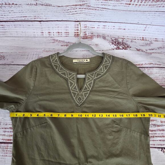 Shukr Tunic Shirt Womens M Olive Green Embroidered Long Sleeve Modest Cotton Top - Picture 8 of 14